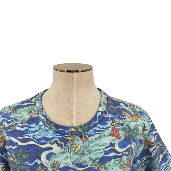 Le Superbe Fringed Tee Shirt Short Sleeve Hawaiian Print Blue Size Small - Picture 3 of 10